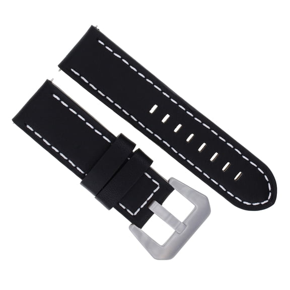 24MM COW LEATHER WATCH BAND STRAP FOR LUM TEC M51, M47 BLACK WHITE STITCHING