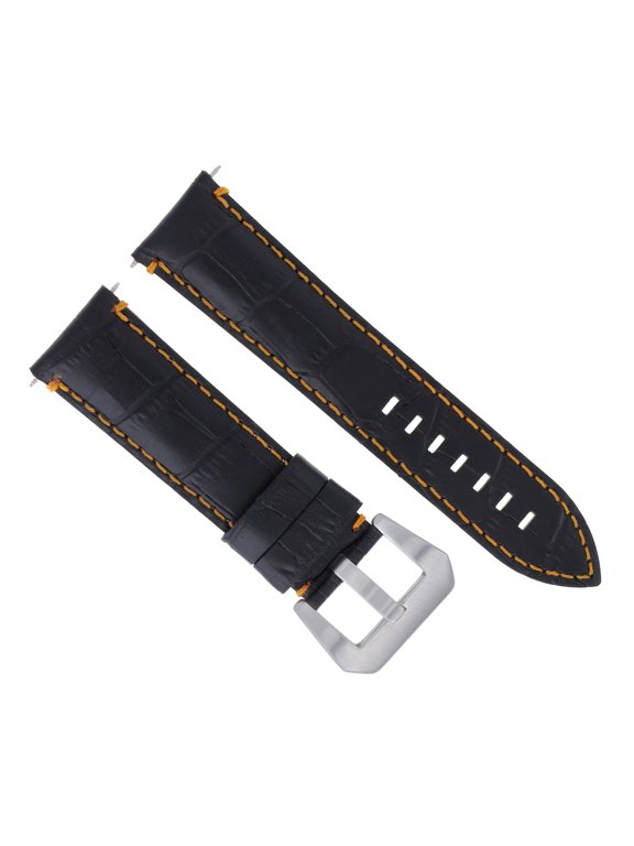 24mm Leather Watch Band Strap, Black with Orange Stitching, Brushed Silver Buckle, Compatible With Lum Tec Black M51 M47 M44 M43 M33