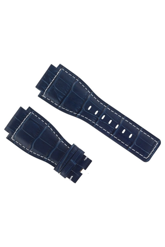 24MM LEATHER WATCH BAND STRAP FOR BELL & ROSS BR-01-03 WATCH BLUE WHITE STITCH