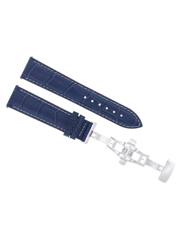 24mm Leather Watch Band Strap, Blue with White Stitching, Silver Buckle, Compatible With Lum Tec Watch