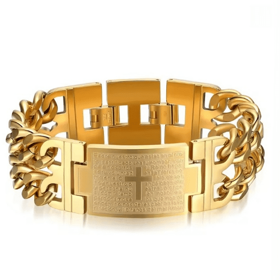 24MM Width 14K Yellow Gold Cuban Chain Cross Bracelet For Men Jewelry Male Hand Chain Wrap Bracelets Punk Accessory