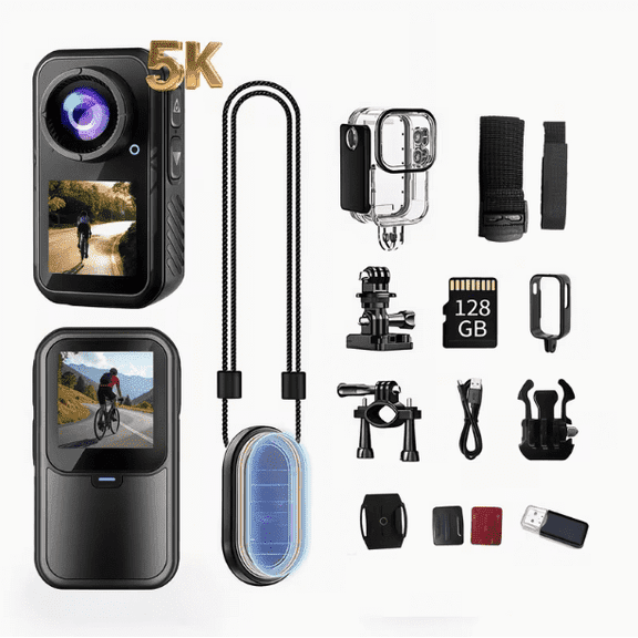 24MP Action Camera Kit + 128GB Memory Card, Action Camera 5K 60FPS Waterproof Camera Wide-Angle Sports Helmet Bicycle Video