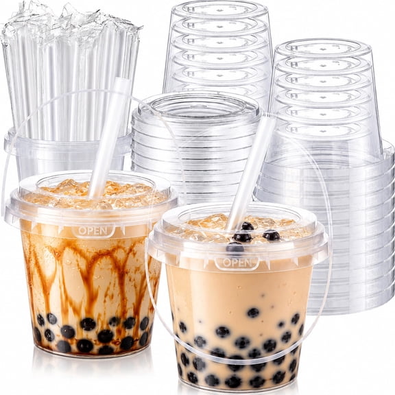 24OZ Drink Buckets with Lids and Straws, PP Disposable Cups for Smoothies, Ice Cream, Outdoor Travel, Beach, Pool and Party Supplies