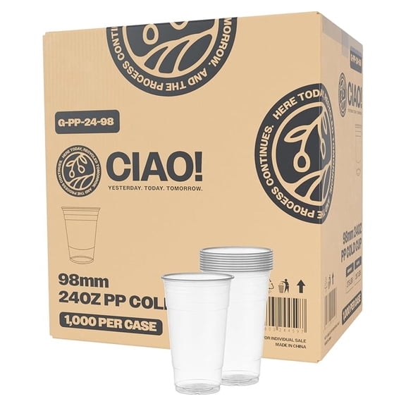 24OZ PP Plastic Cold Drink Cup, Designed for Heat Seal Films, Great for Smoothies, Iced Coffee, Boba and Cold Drinks, 98mm (Case of 1000)