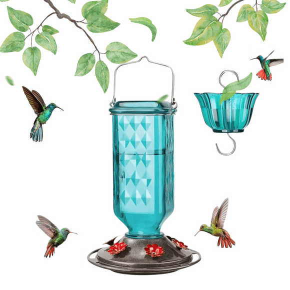 24Oz Glass Hummingbird Feeder for Wild Birds - Outdoor Hanging Design, 6 Anti-Bee Ports & Ant Moat, Leak Proof Easy Refill, Purple Garden Decor, Gift for Women Who Love Nature & Birds,Blue
