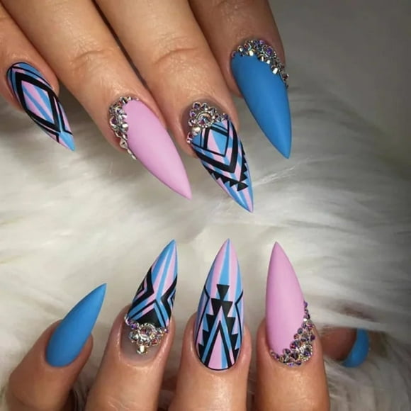 24P Black Detachable Almond French Full Cover False Nails Silver Butterfly Lines Stiletto Fake Nials Press on Nails DIY Manicure