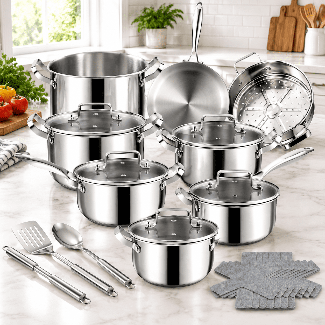 24P Stainless Steel Cookware Set With 3-Ply Frying Pan And Steamer For ...