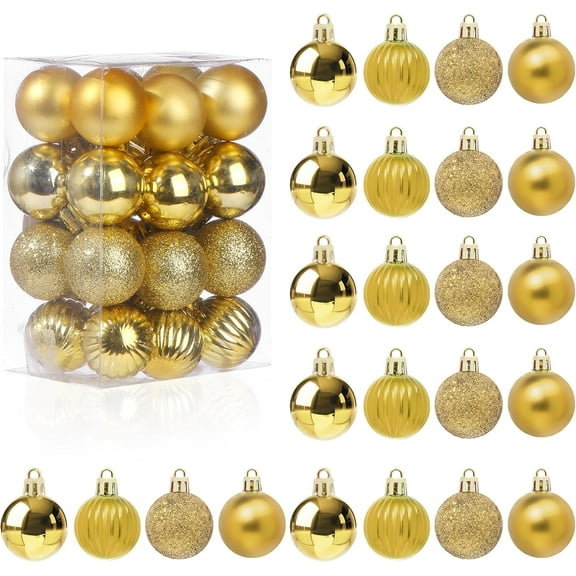 24PCS 1.2 Inch Christmas Balls Ornaments,  Mini Shatterproof Christmas Ornaments Hanging Ball, 4 Style Small Plastic Gold Tree Balls for Xmas Tree Decor, Wedding, Birthday Party Favors