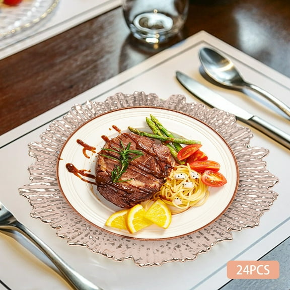 24PCS 13inch Plastic Reef Charger Plates Ruffled Rim Dinner Charger Plates for Birthday Wedding Party Rose Gold/Red/Green/Black/White