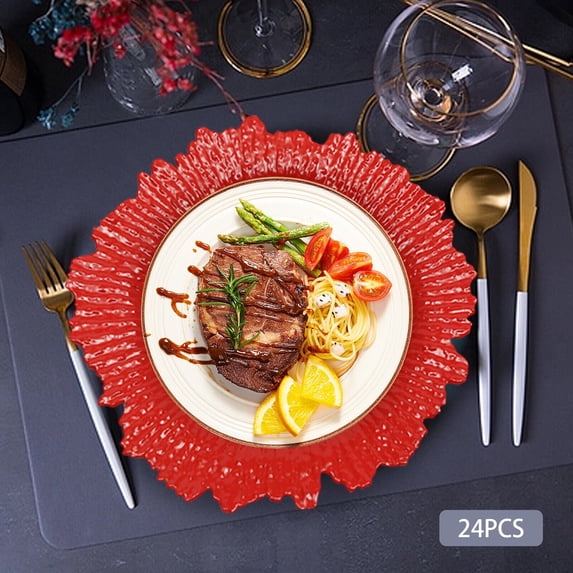 24PCS 13inch Plastic Reef Charger Plates Ruffled Rim Dinner Charger Plates for Birthday Wedding Party Rose Gold/Red/Green/Black/White