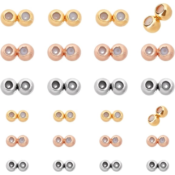 24PCS 18K Gold Plated Round Stopper Beads 2 Sizes Double Hole Silicone Slider Brass Spacer Beads for DIY Bracelet Necklace Earring Jewelry Making Mixed Color