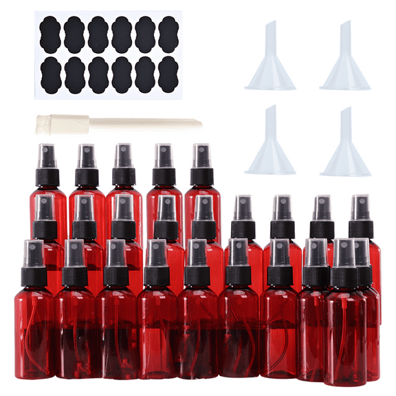 24PCS 2 oz Plastic Amber Spray Bottle, Empty Small Amber Spray Bottle with Sticker and Funnel, Refillable Mini Mister Spray Bottles for Essential Oils, Bath & Cleaning