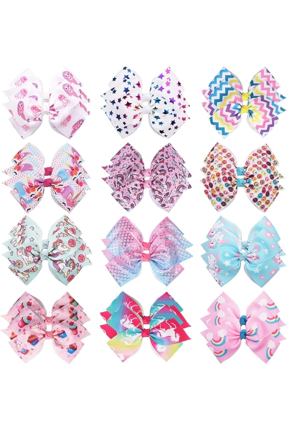 24PCS 4.5Inch Bows for Girls Boutique Grosgrain Ribbon Rainbow Hair Bow Alligator Hair Clips Pigtail Bows Unicorn Hair Clips for Baby Girls Toddler Kids Children Teens in Pairs