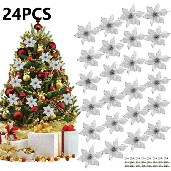 24PCS 5.91" Wreaths Decor, Peaoy Glitter Artificial Flowers Wedding Christmas Flowers Xmas Tree Ornaments Party Home Accessories Supplies Decorations Golden