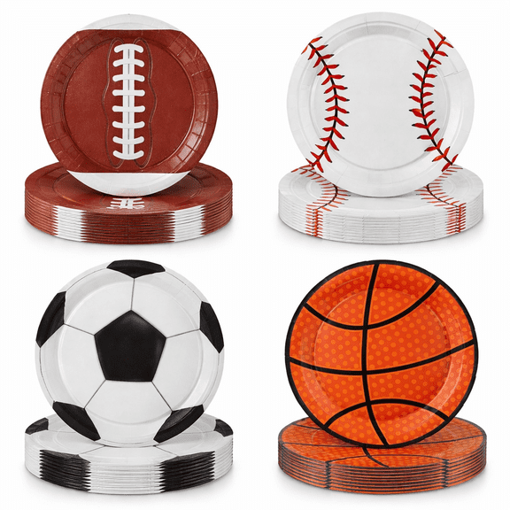 24PCS 7 Inch Sports Party Plates, Disposable Paper Plates with Football Baseball Soccer Basketball Designs, Sports Theme Birthday Party Supplies for Game Day Celebration