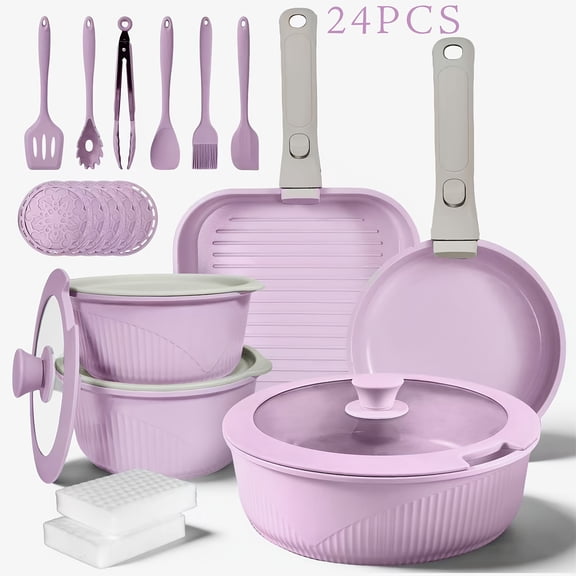 24PCS/7PCS/5PCS Nonstick Cookware Set with Removable Handles, Pots and Pans Set Including Skillet, Frying Pan, Soup Pot and Steak Pan, Induction Ready Stackable Kitchen Set for Home & RV