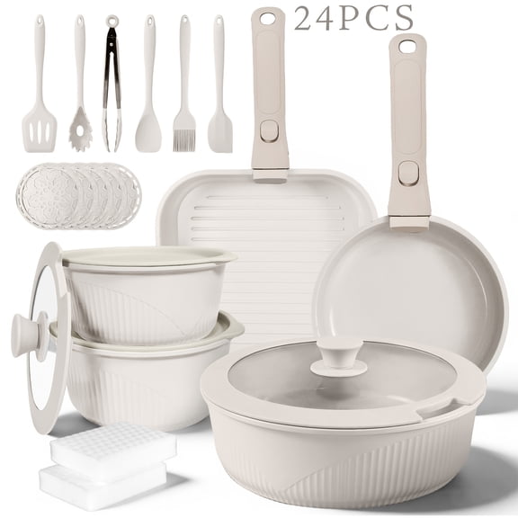 24PCS/7PCS/5PCS Nonstick Cookware Set with Removable Handles, Pots and Pans Set Including Skillet, Frying Pan, Soup Pot and Steak Pan, Induction Ready Stackable Kitchen Set for Home & RV