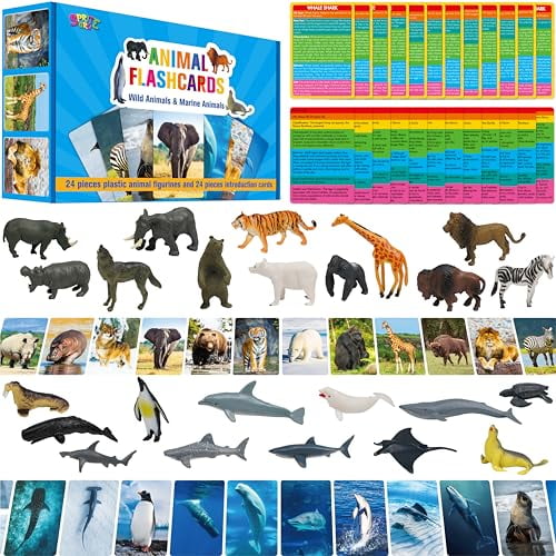 24PCS Animal Figurines with 24 Introducing Flashcards,Wild & Marine Animal Figures Safari and Underwater Creature Learning Montessori Toys Science Educational Matching Game for Homeschool,Kids