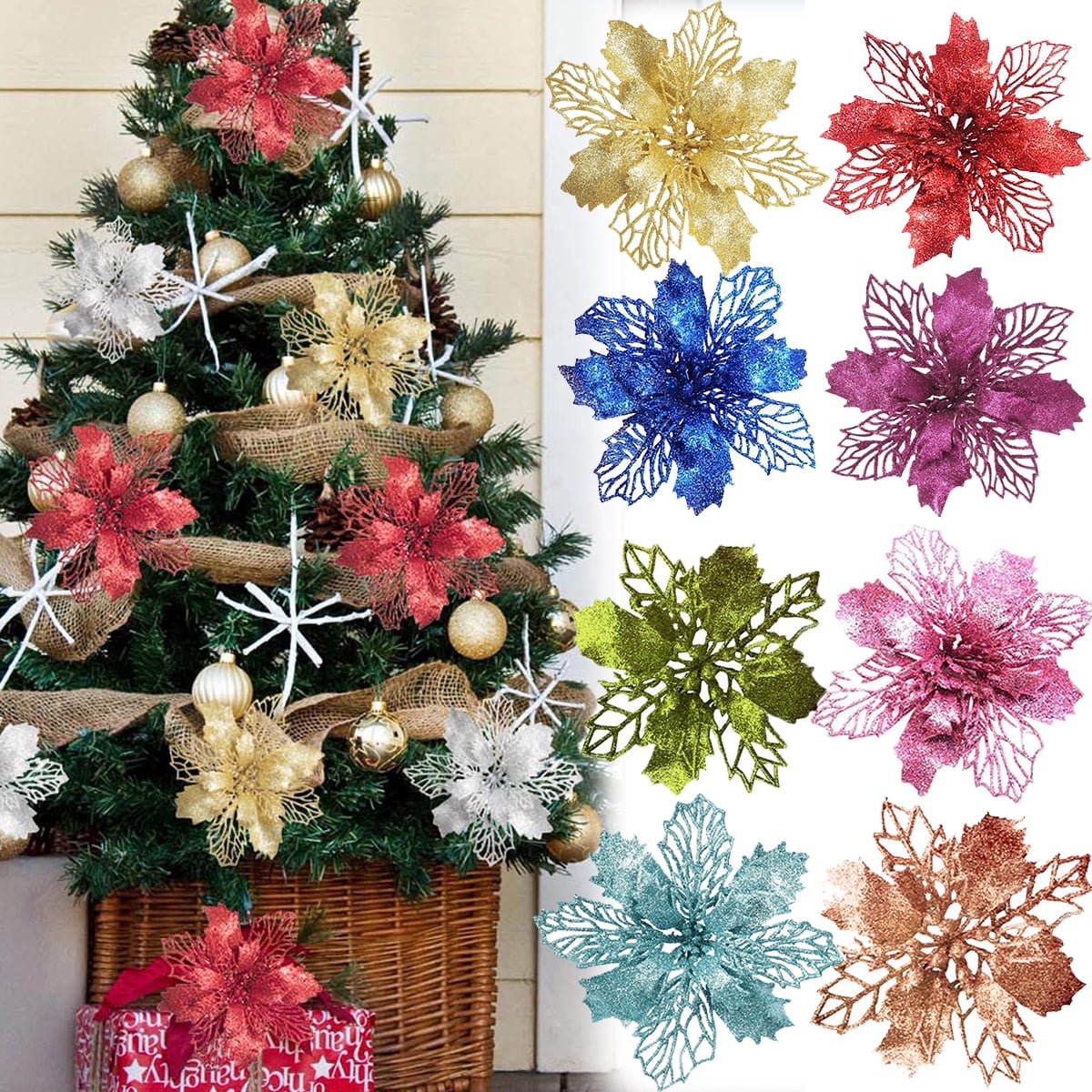 24PCS Artificial Christmas Flowers Fake Poinsettia Flowers Christmas ...