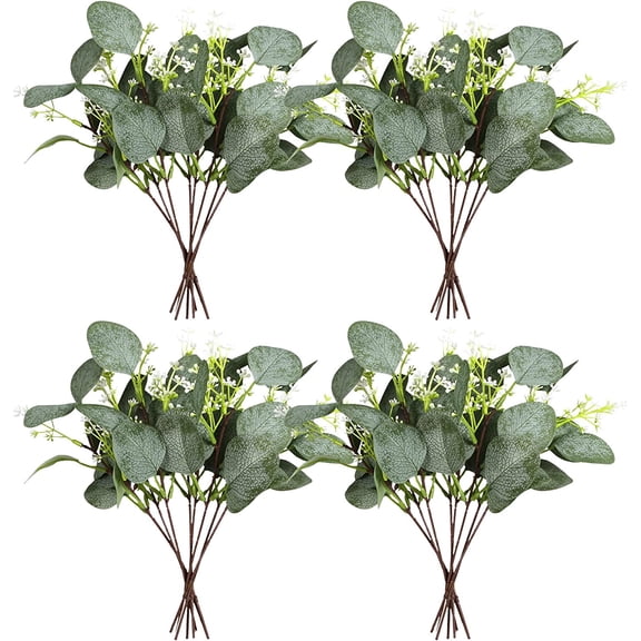 24PCS Artificial Eucalyptus Leaf Stems with White Seeds Plant Silver Dollar Eucalyptus Leaves Fake Green Leaf Stem Plant Wedding Bouquet Indoor Green Decorations (Round Leaves)