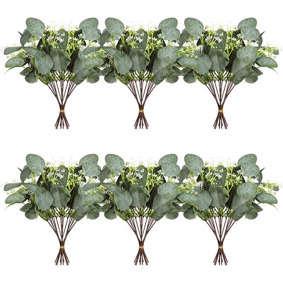 24PCS Artificial Eucalyptus Leaf Stems with White Seeds Plant Silver Dollar Eucalyptus Leaves Fake Green Leaf Stem Plant Wedding Bouquet Indoor Green Decorations (Round Leaves)