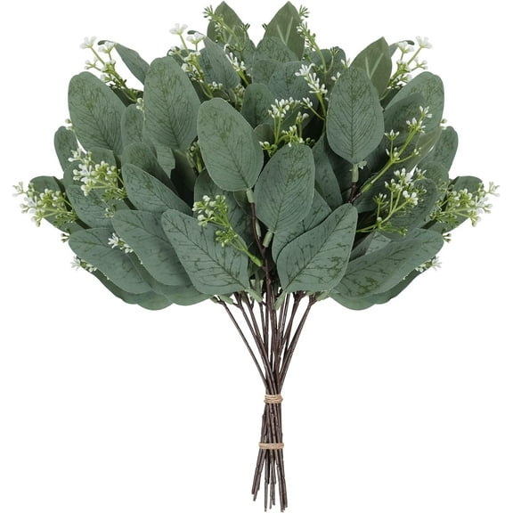 24PCS Artificial Eucalyptus Leaves Stems Greenery Fake Silver Dollar Eucalyptus Stems Faux Eucalyptus Plant Branches for Wedding Holiday Greens Bouquets Decor