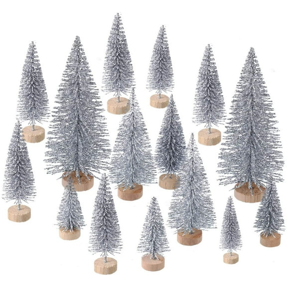 24PCS Artificial Mini Christmas Tree Sisal Snow Trees Bottle Brush Christmas Trees Pine Trees Ornaments with Wooden Base for Christmas Party Home Decoration