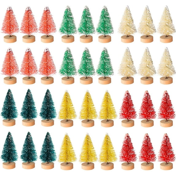 24PCS Artificial Mini Christmas Trees Bottle Brush Trees Snow Frosted Trees with Wood Base Plastic Tabletop Trees Ornaments for Christmas DIY Crafting Home Decor, 1.8 Inch