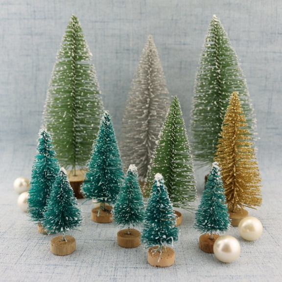 24PCS Artificial Mini Christmas Trees, Upgrade Sisal Trees with Wood Base Bottle Brush Trees for Christmas Table Top Decor Winter Crafts Ornaments Green, Gold and Ivory
