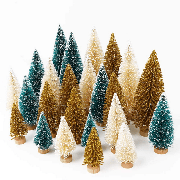 24PCS Artificial Mini Christmas Trees, Upgrade Sisal Trees with Wood Base Bottle Brush Trees for Christmas Table Top Decor Winter Crafts Ornaments Green, Gold and Ivory