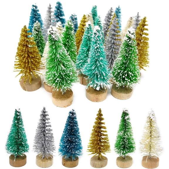 24PCS Artificial Multicolor Mini Sisal Snow Frost Trees Pine Trees with Wood Base Winter Snow Ornaments Tabletop Trees for Christmas Crafting, Displaying and Decoration