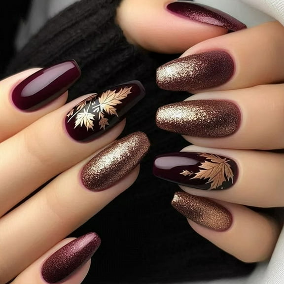 24PCS Autumn Artifical Nails With Golden Shining Ergonomic Shape Quick to For Parties Daily Wear