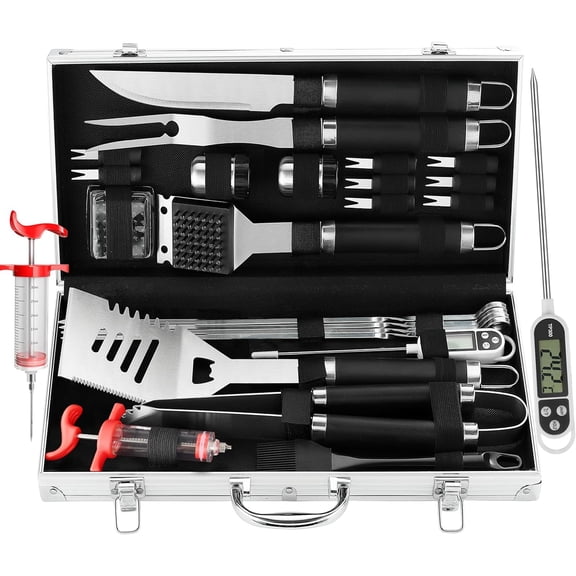 24PCS BBQ Grill Tools Set with Meat Thermometer and Injector - Extra Thick Stainless Steel Fork, Spatula& Tongs - Complete BBQ Accessories in Aluminum Case - Perfect Grill Gifts for Men