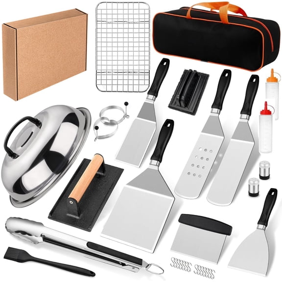 24PCS BBQ Grill Tools Set with Meat Thermometer and Injector - Extra Thick Stainless Steel Fork, Spatula& Tongs - Complete BBQ Accessories in Aluminum Case - Perfect Grill Gifts for Men