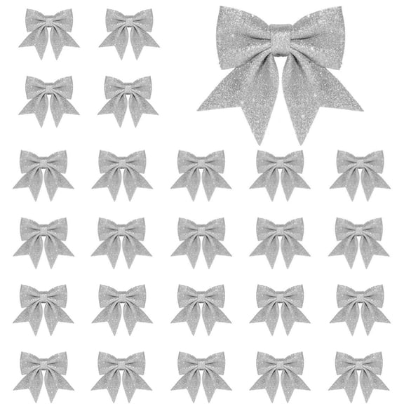 24PCS Big Glitter Ribbon Bow,Christmas Tree Topper Glitter Bow,Silver Sequin Wreaths Bows,Glitter Ribbon Bow Tie,Bowknots Ornaments for Gift Wrapping DIY Craft Garland