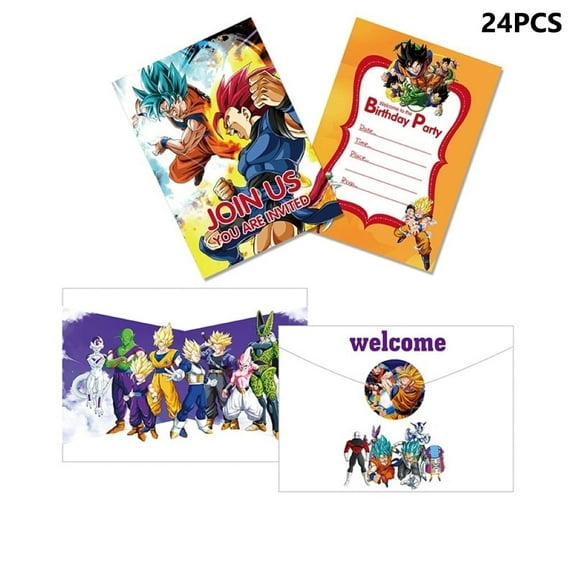 24PCS Birthday Party Invitation Cards with Goku Theme, Including 24 Stickers and 24 EnvelopesAnime Style Party Decor Supplies.