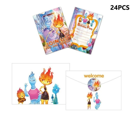 24PCS Birthday Party Invitation Cards with Elemental Theme, Including 24 Stickers and 24 EnvelopesCartoon Style Party Decor Supplies.