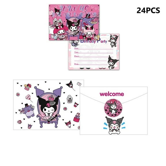 24PCS Birthday Party Invitation Cards with Kuromi Theme, Including 24 Stickers and 24 EnvelopesCartoon Style Party Decor Supplies.