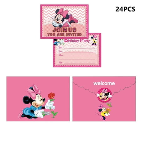 24PCS Birthday Party Invitation Cards with Minnie Theme, Including 24 Stickers and 24 Envelopes,Cartoon Style Party Decor Supplies.