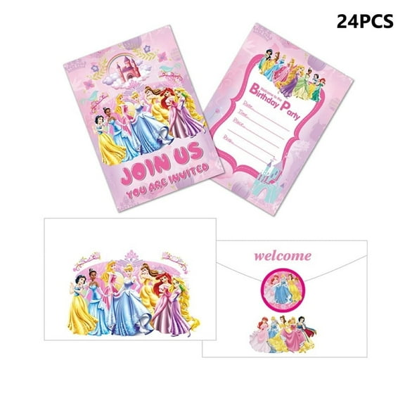 24PCS Birthday Party Invitation Cards with Princess Theme, Including 24 Stickers and 24 EnvelopesCartoon Style Party Decor Supplies.