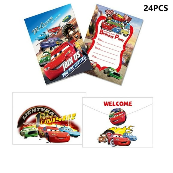 24PCS Birthday Party Invitation Cards with Red Car Theme, Including 24 Stickers and 24 EnvelopesCartoon Style Party Decor Supplies.