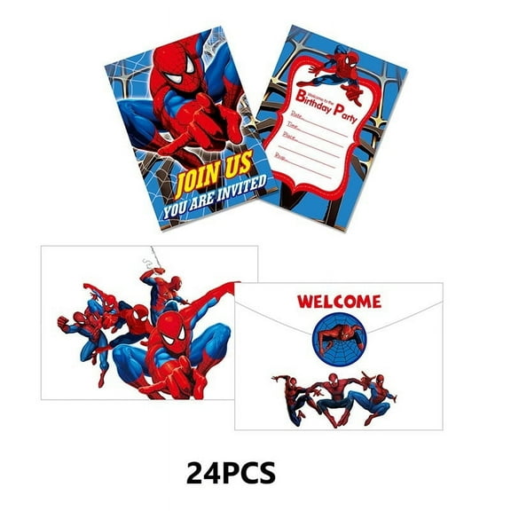 24PCS Birthday Party Invitation Cards with Red Spider Theme, Including 24 Stickers and 24 EnvelopesCartoon Style Party Decor Supplies.