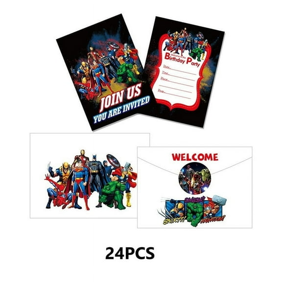 24PCS Birthday Party Invitation Cards with Super Heros Theme, Including 24 Stickers and 24 EnvelopesCartoon Style Party Decor Supplies.