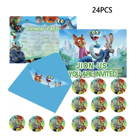 24PCS Birthday Party Invitation Cards with Zootopia Theme, Including 24 Stickers and 24 EnvelopesCartoon Style Party Decor Supplies.