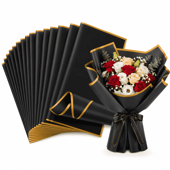 24 Sheets Black Flower Wrapping Paper with Gold Edge, Waterproof Floral Bouquet Wrapping Paper 24 x 24 Inch for Florists, Wedding Bouquets, Birthday Flowers, Gift Packaging & Floral Arrangements