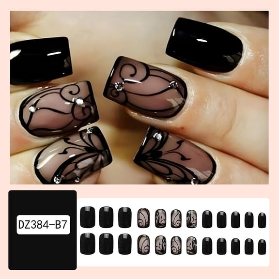 24PCS Black French Lace Press On Nails, Gothic Rhinestone Square Fake Nails, Reusable Acrylic Nail Tips for Women