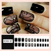 24PCS Black French Lace Press On Nails, Gothic Rhinestone Square Fake Nails, Reusable Acrylic Nail Tips for Women