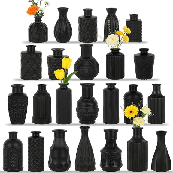 24PCS Black Glass Bud Vases Set, Small Vintage Flower Vases for Centerpieces, Mini Rustic Vases for Wedding Table Decor, Home, Shelves, Windowsills & Floral Arrangements