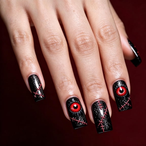 24PCS Black Glitter Medium Square Halloween Press On Nails, Creepy Red Evil Eye Stitch Wound Fake Nails, Gothic Horror Reusable Glue On False Nail Tips, Spooky Halloween DIY Manicure Set for Women