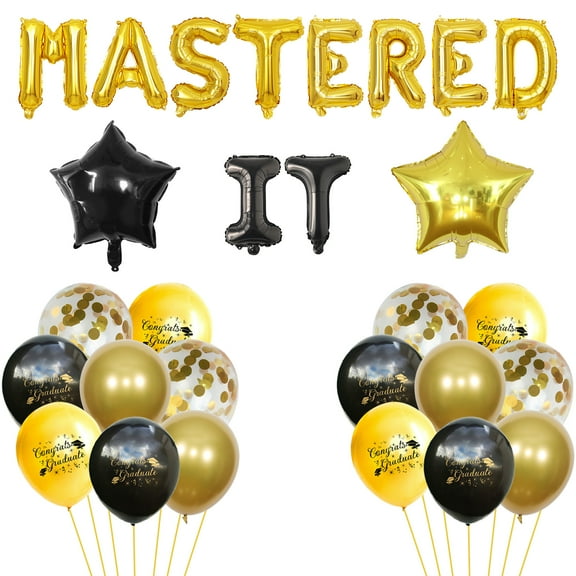 24PCS Black Gold MASTERED IT Balloons Banner for Postgraduate Graduation Party Decoration Supplies, Foil Balloons Master's degree Graduation, Black Gold Balloon Banner Kit for Postgraduate Graduation